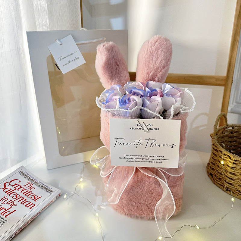 Pink Snowy Mountains-Rabbit Ears Perpetual Flower Bouquet Cute Plush Rose Bouquet